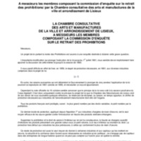 A messieurs les membres composant la commission d'enquête sur le retrait des prohibitions / Chambre consultative des arts et manufactures de l'arrondissement de Lisieux
